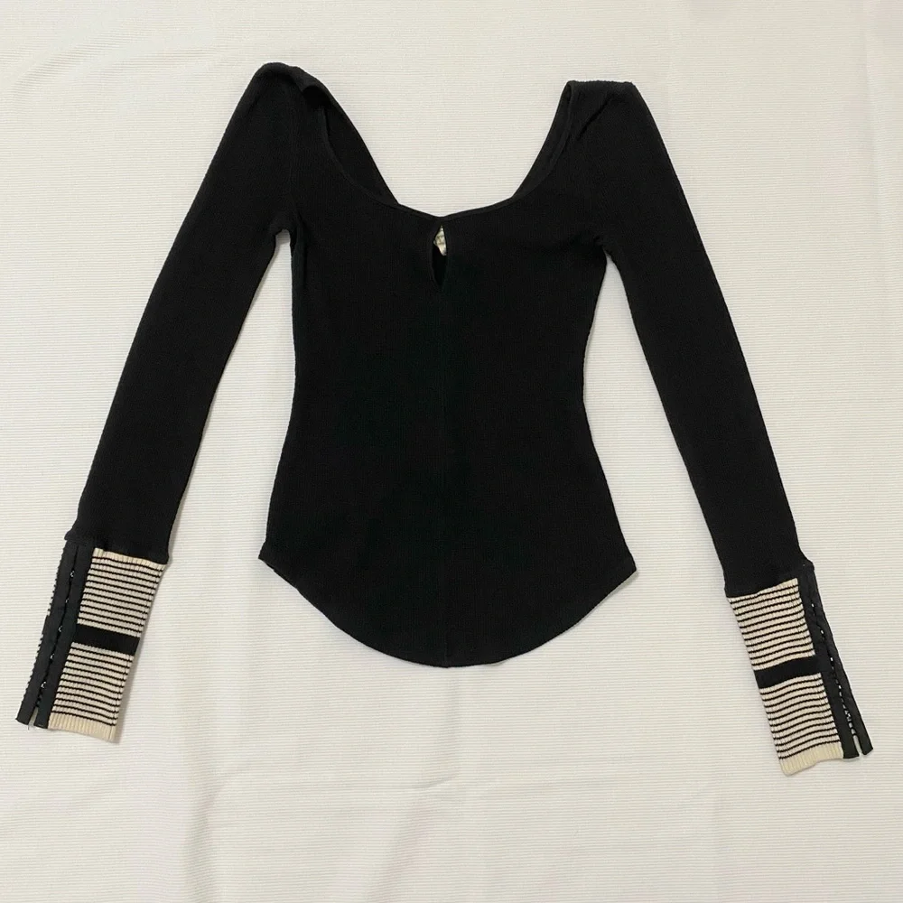 Free People Black Long Sleeve Top with Striped Wrist Details - Picture 2 of 10